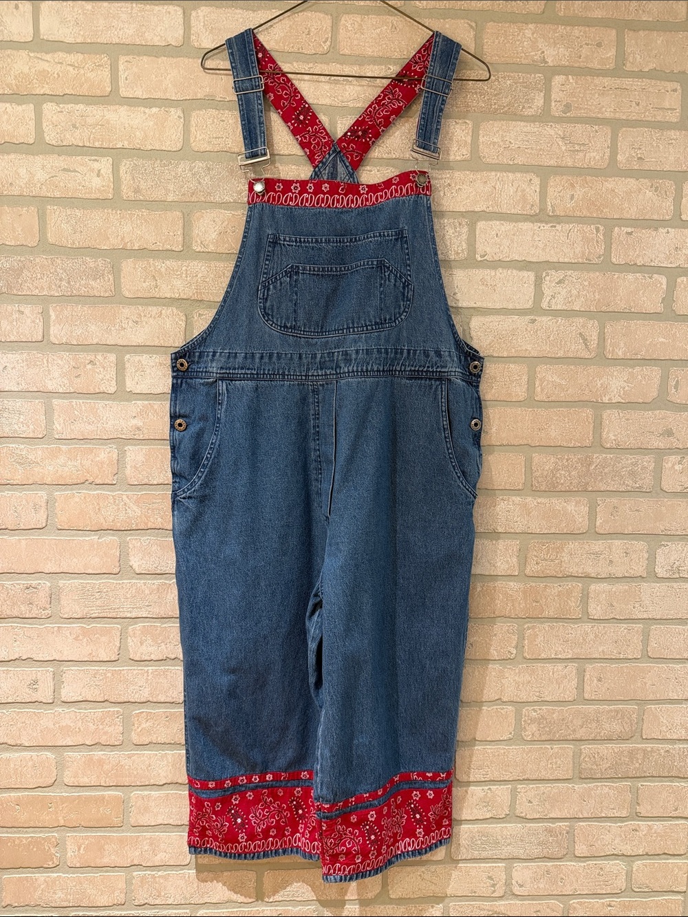 Vintage Agapo Denim Capri Cropped Overalls with Red Bandana Handkerchief Accents